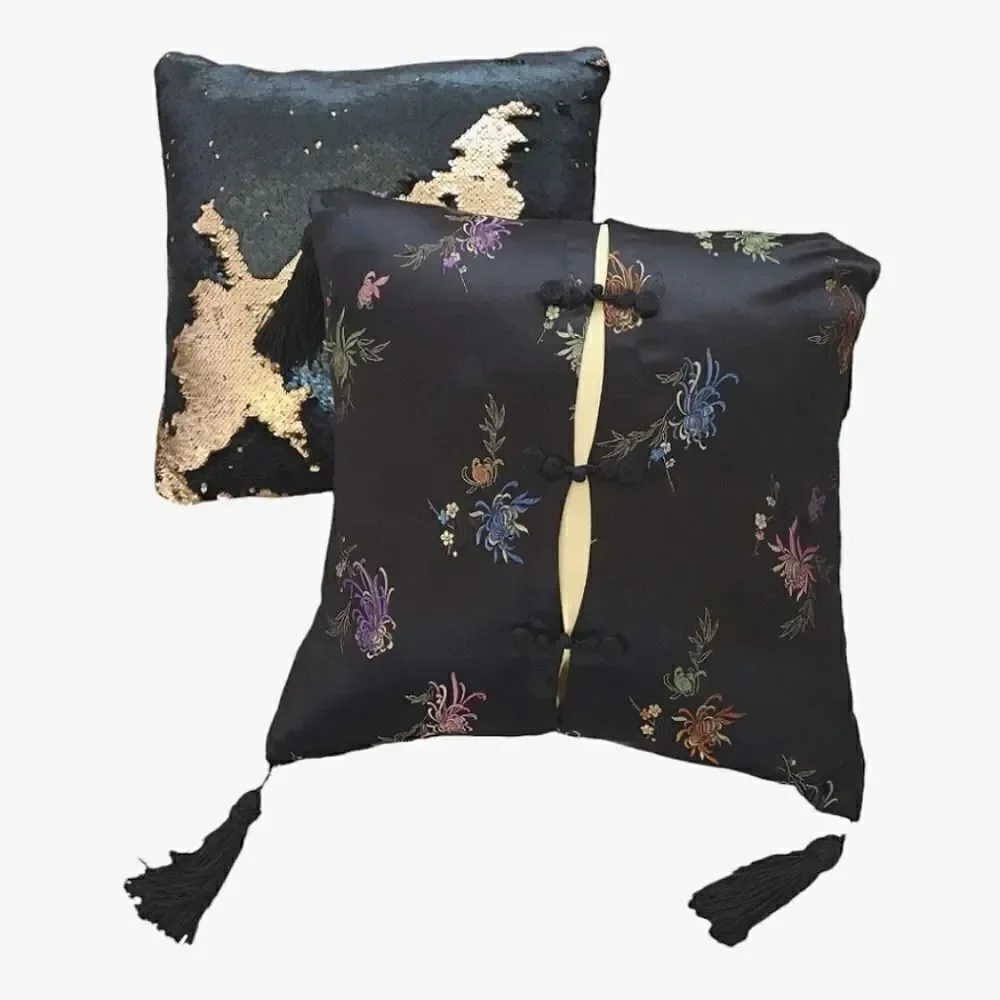 Y2K 2 Square Decor Accent Pillows‎ Black Gold Metallic Sequins Floral